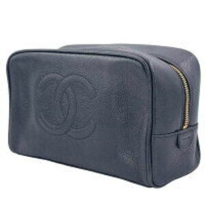 CHANEL Cosmetic Pouch Shoulder Bag Coco Mark Caviar Leather Black Card MK